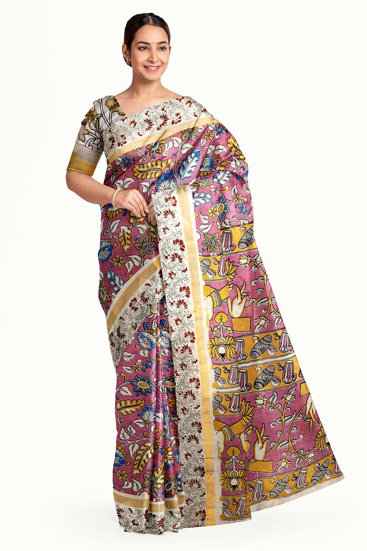 Mangalgiri silk cotton saree in pink in kalamkari print