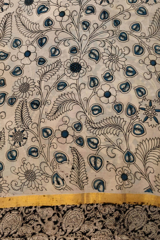 Mangalgiri silk cotton saree in mustard  in kalamkari print