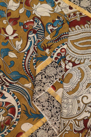 Mangalgiri silk cotton saree in mustard  in kalamkari print