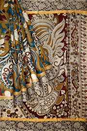 Mangalgiri silk cotton saree in mustard  in kalamkari print