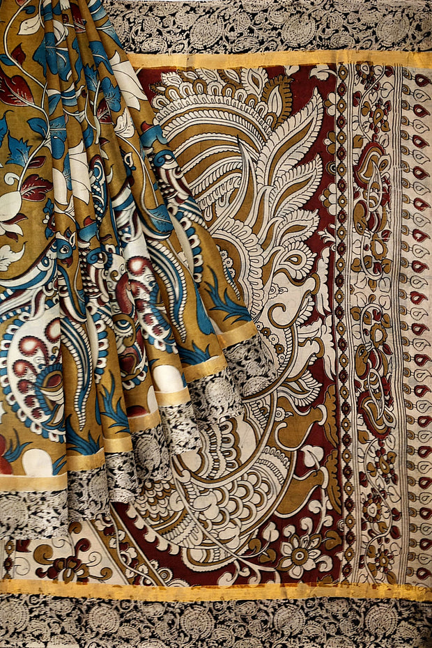 Mangalgiri silk cotton saree in mustard  in kalamkari print