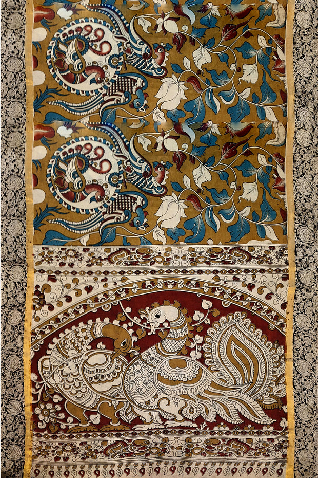 Mangalgiri silk cotton saree in mustard  in kalamkari print
