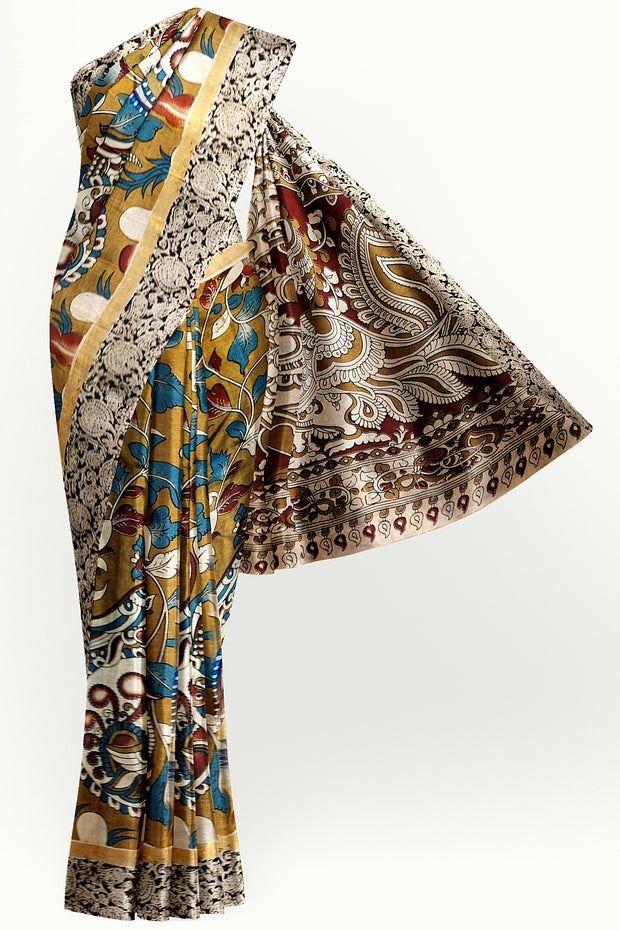 Mangalgiri silk cotton saree in mustard  in kalamkari print