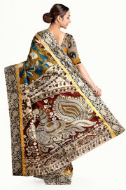 Mangalgiri silk cotton saree in mustard  in kalamkari print