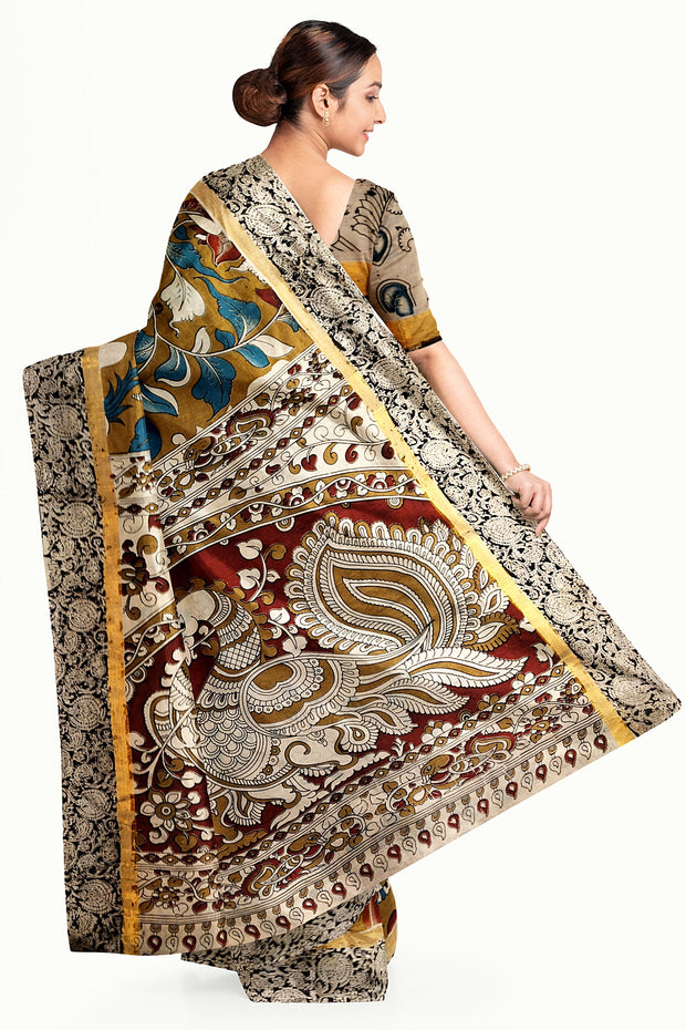 Mangalgiri silk cotton saree in mustard  in kalamkari print