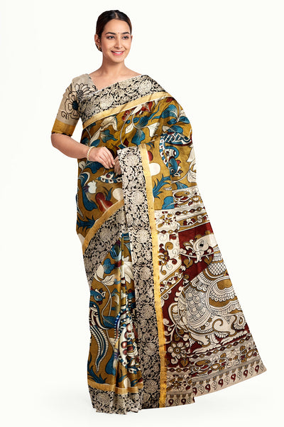 Mangalgiri silk cotton saree in mustard  in kalamkari print