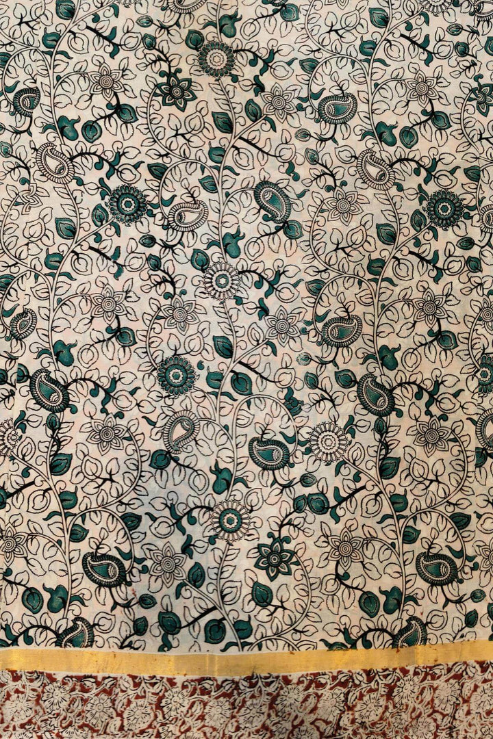 Mangalgiri silk cotton saree in orange  in kalamkari print