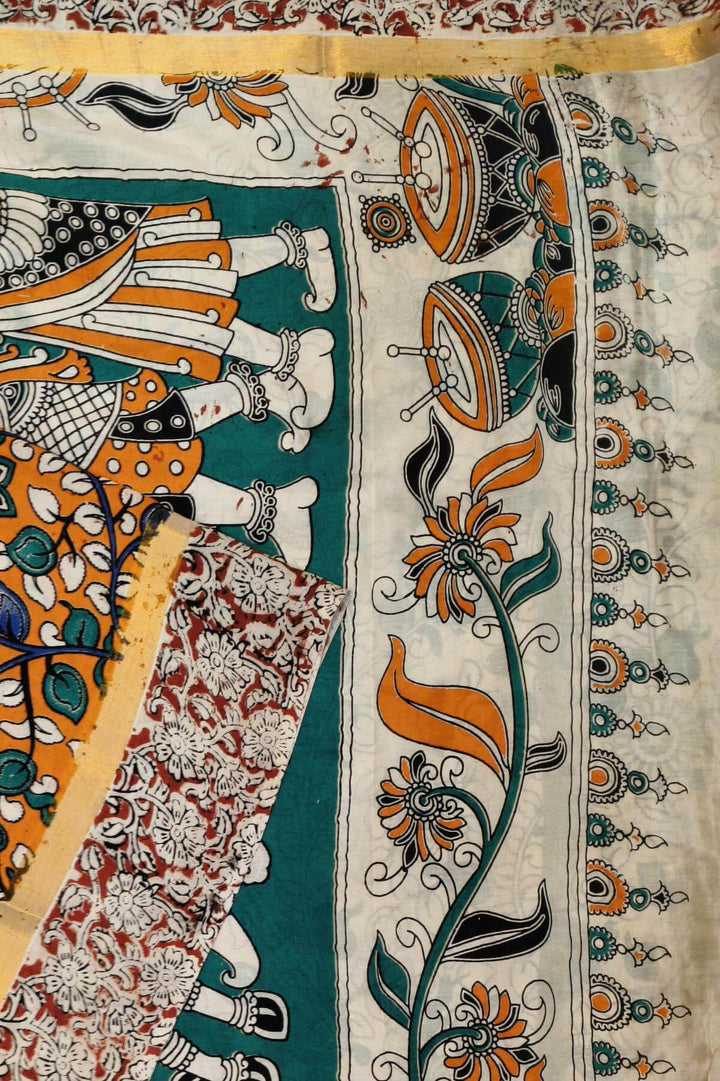 Mangalgiri silk cotton saree in orange  in kalamkari print