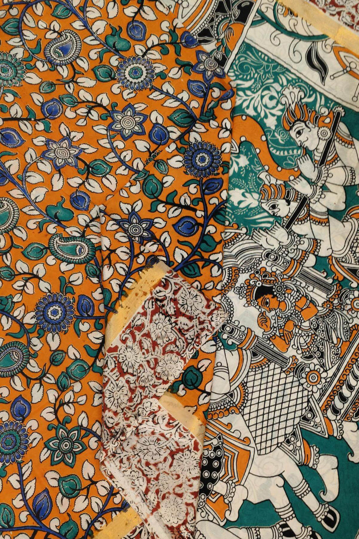 Mangalgiri silk cotton saree in orange  in kalamkari print