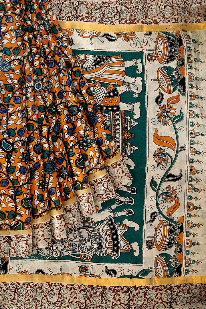 Mangalgiri silk cotton saree in orange  in kalamkari print