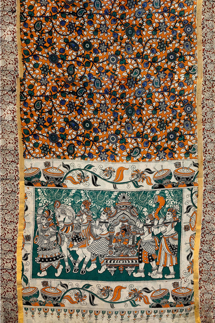 Mangalgiri silk cotton saree in orange  in kalamkari print