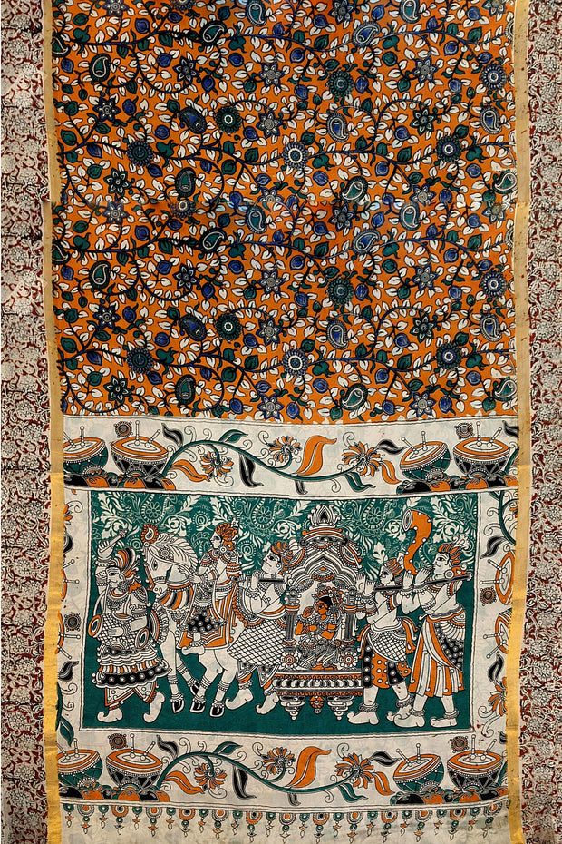 Mangalgiri silk cotton saree in orange  in kalamkari print