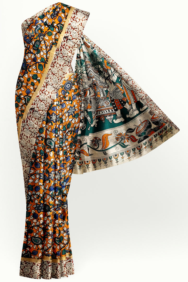 Mangalgiri silk cotton saree in orange  in kalamkari print