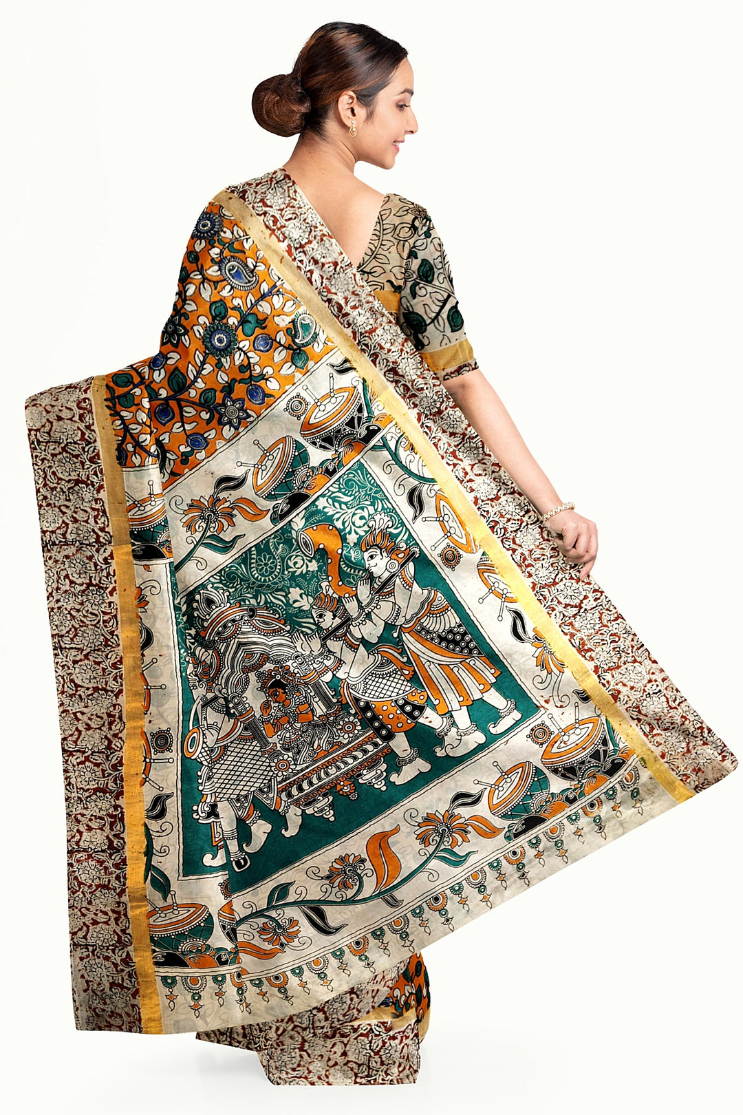 Mangalgiri silk cotton saree in orange  in kalamkari print