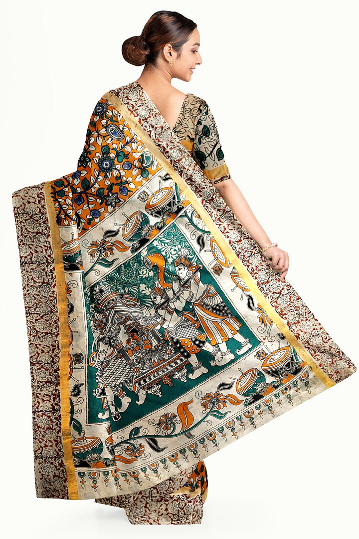 Mangalgiri silk cotton saree in orange  in kalamkari print