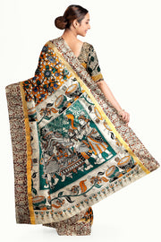 Mangalgiri silk cotton saree in orange  in kalamkari print