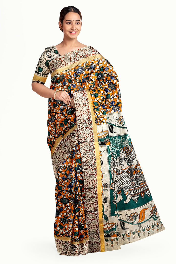 Mangalgiri silk cotton saree in orange  in kalamkari print