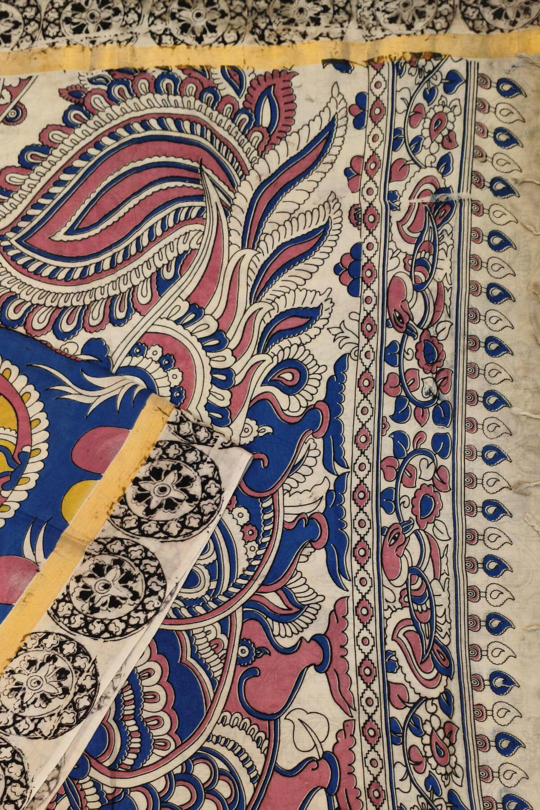Mangalgiri silk cotton saree in blue  in kalamkari print