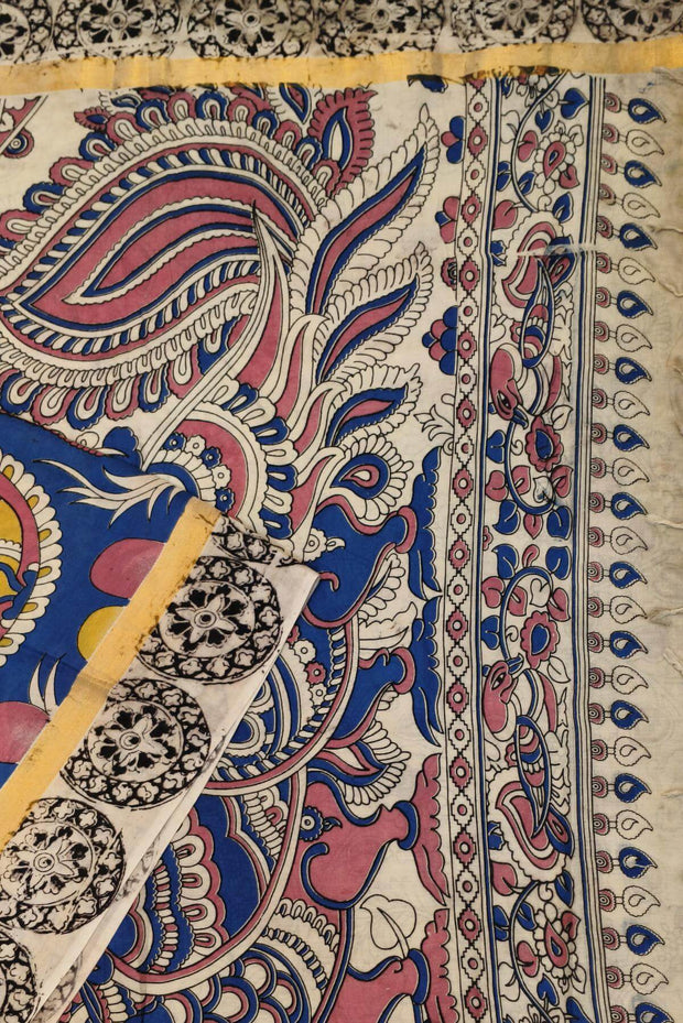 Mangalgiri silk cotton saree in blue  in kalamkari print