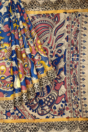 Mangalgiri silk cotton saree in blue  in kalamkari print