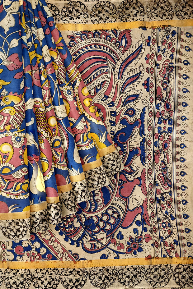Mangalgiri silk cotton saree in blue  in kalamkari print