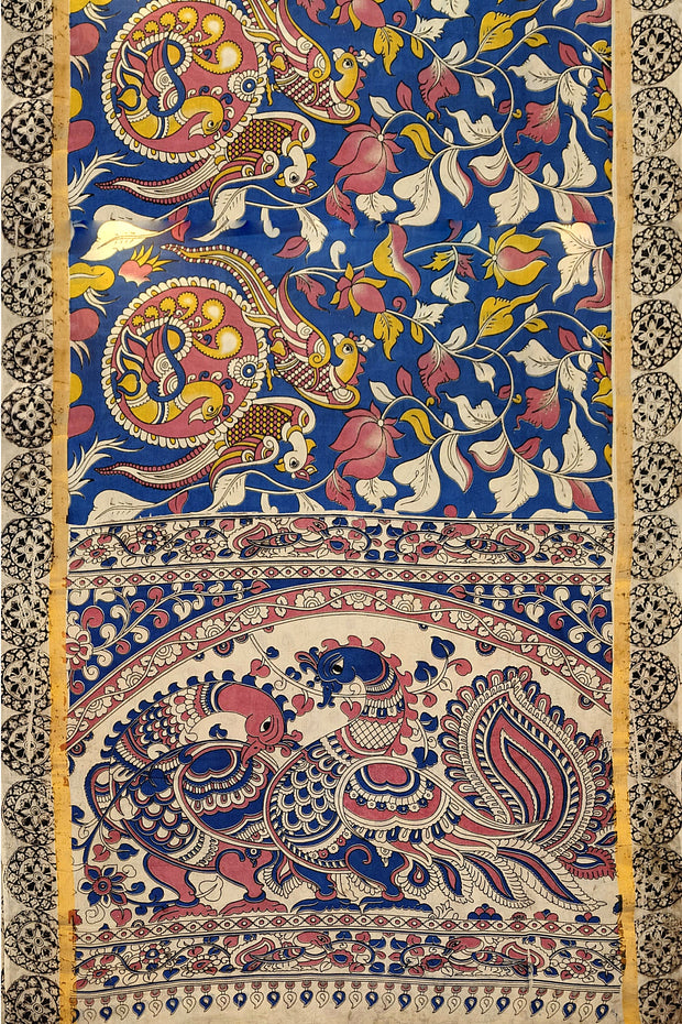 Mangalgiri silk cotton saree in blue  in kalamkari print