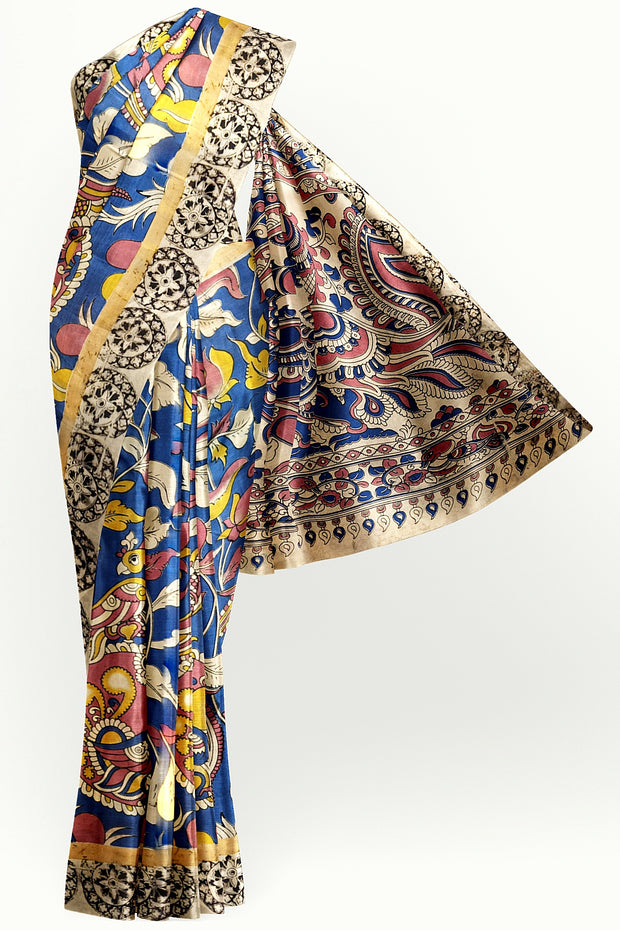 Mangalgiri silk cotton saree in blue  in kalamkari print