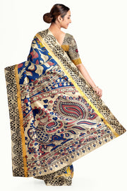 Mangalgiri silk cotton saree in blue  in kalamkari print