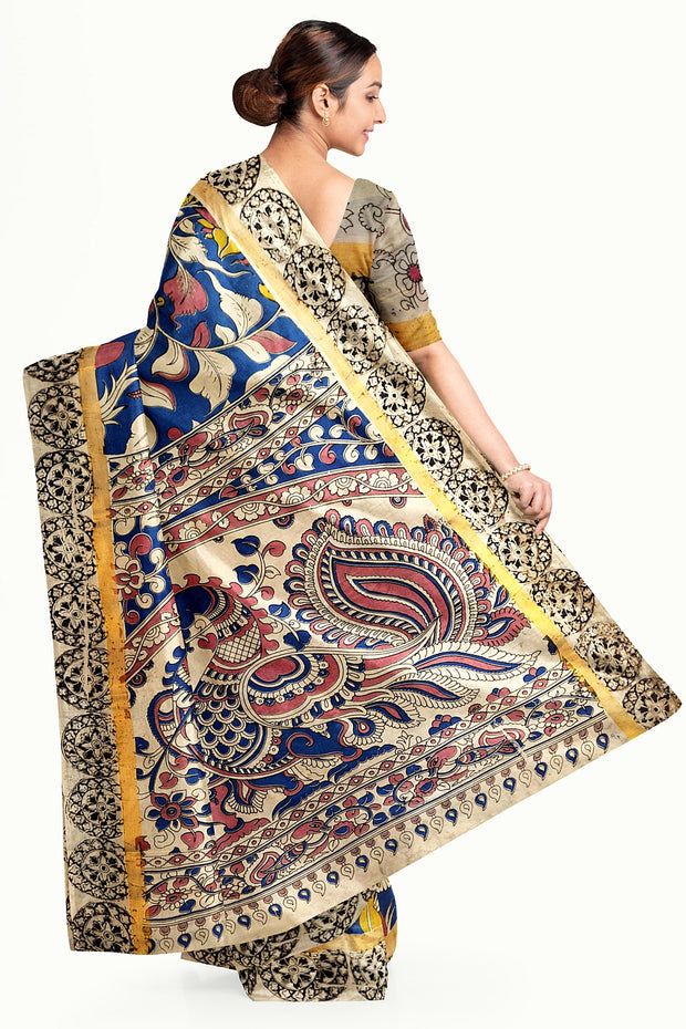 Mangalgiri silk cotton saree in blue  in kalamkari print