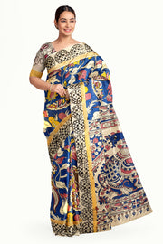 Mangalgiri silk cotton saree in blue  in kalamkari print