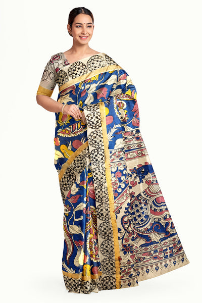Mangalgiri silk cotton saree in blue  in kalamkari print
