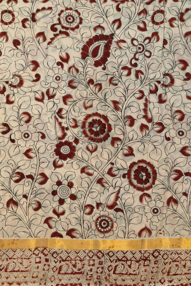 Mangalgiri silk cotton saree in off white  in kalamkari print