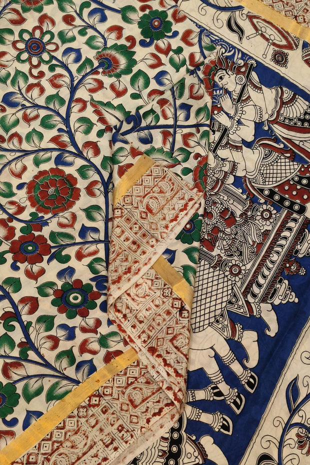 Mangalgiri silk cotton saree in off white  in kalamkari print