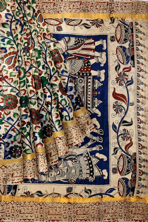 Mangalgiri silk cotton saree in off white  in kalamkari print