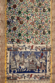 Mangalgiri silk cotton saree in off white  in kalamkari print