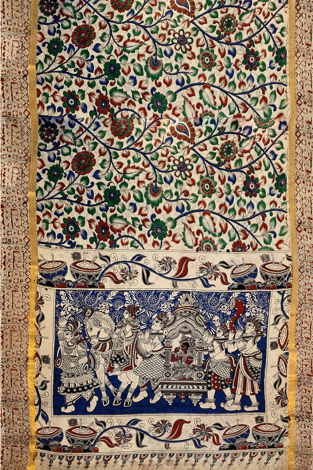 Mangalgiri silk cotton saree in off white  in kalamkari print