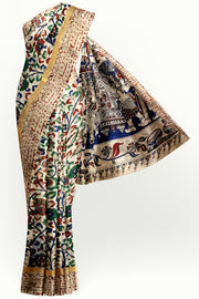 Mangalgiri silk cotton saree in off white  in kalamkari print