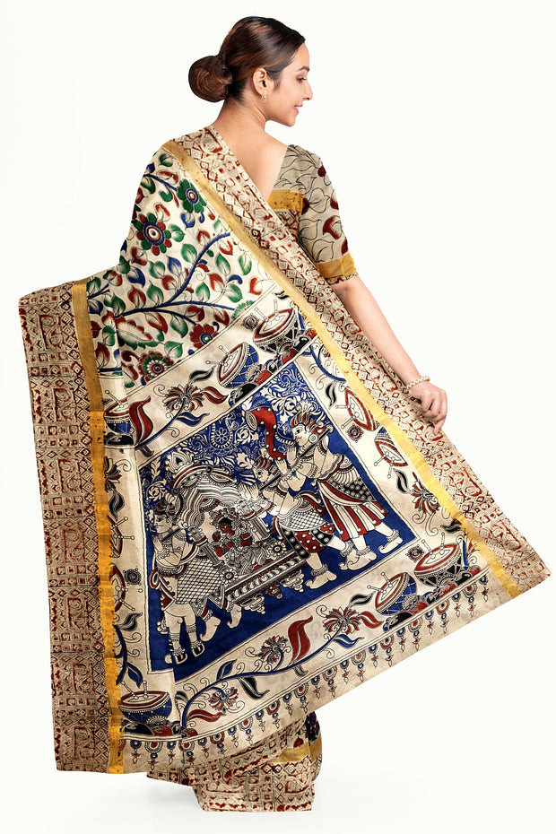 Mangalgiri silk cotton saree in off white  in kalamkari print