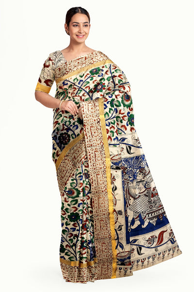 Mangalgiri silk cotton saree in off white  in kalamkari print