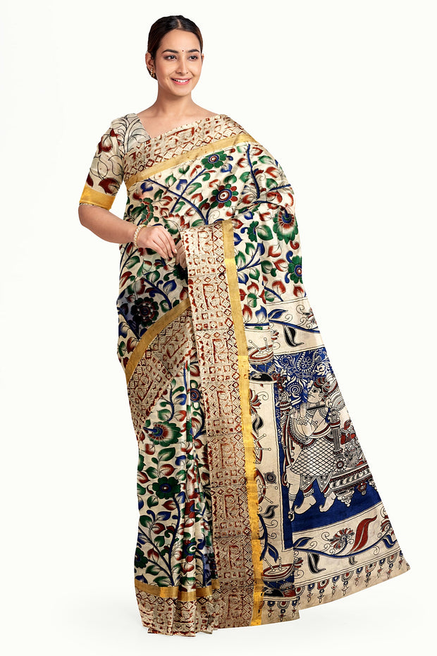 Mangalgiri silk cotton saree in off white  in kalamkari print