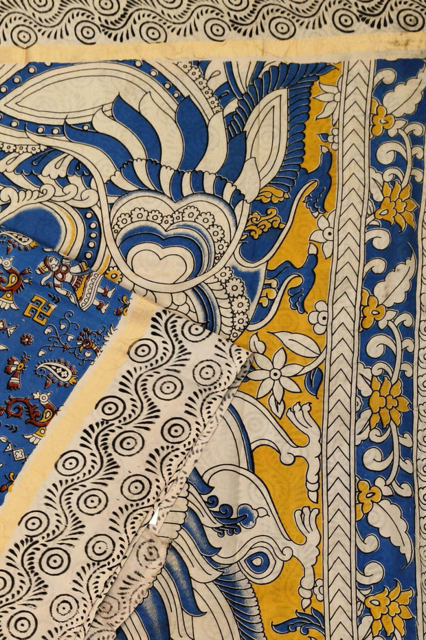 Mangalgiri silk cotton saree in blue in kalamkari print