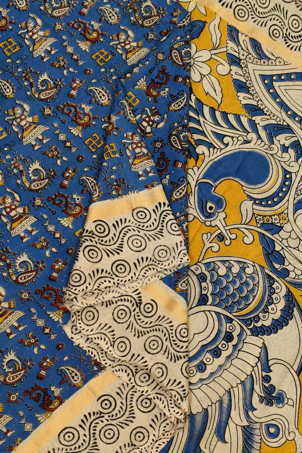 Mangalgiri silk cotton saree in blue in kalamkari print