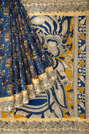 Mangalgiri silk cotton saree in blue in kalamkari print