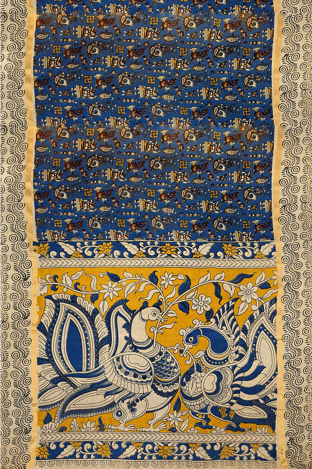 Mangalgiri silk cotton saree in blue in kalamkari print
