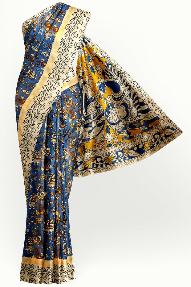 Mangalgiri silk cotton saree in blue in kalamkari print