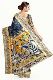 Mangalgiri silk cotton saree in blue in kalamkari print
