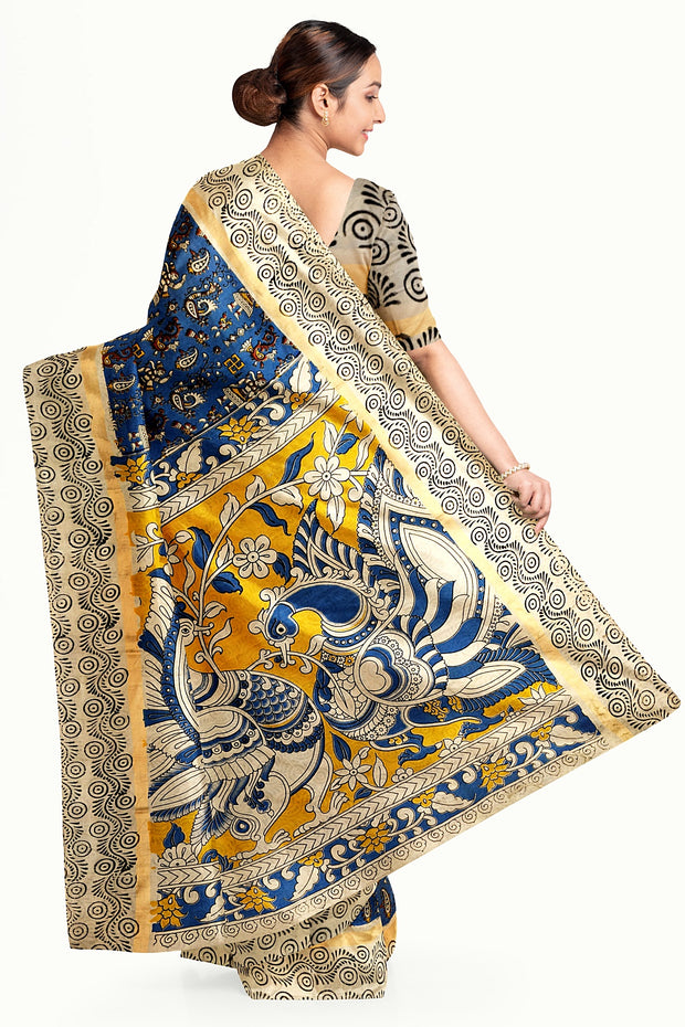Mangalgiri silk cotton saree in blue in kalamkari print