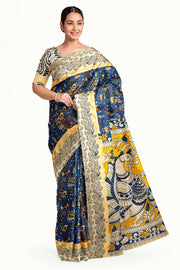 Mangalgiri silk cotton saree in blue in kalamkari print