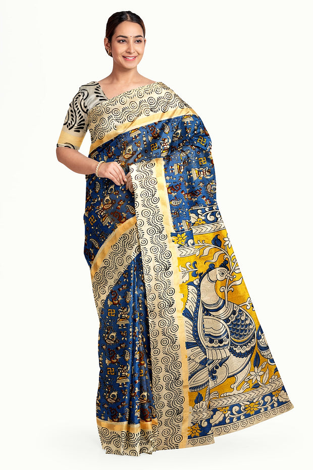 Mangalgiri silk cotton saree in blue in kalamkari print