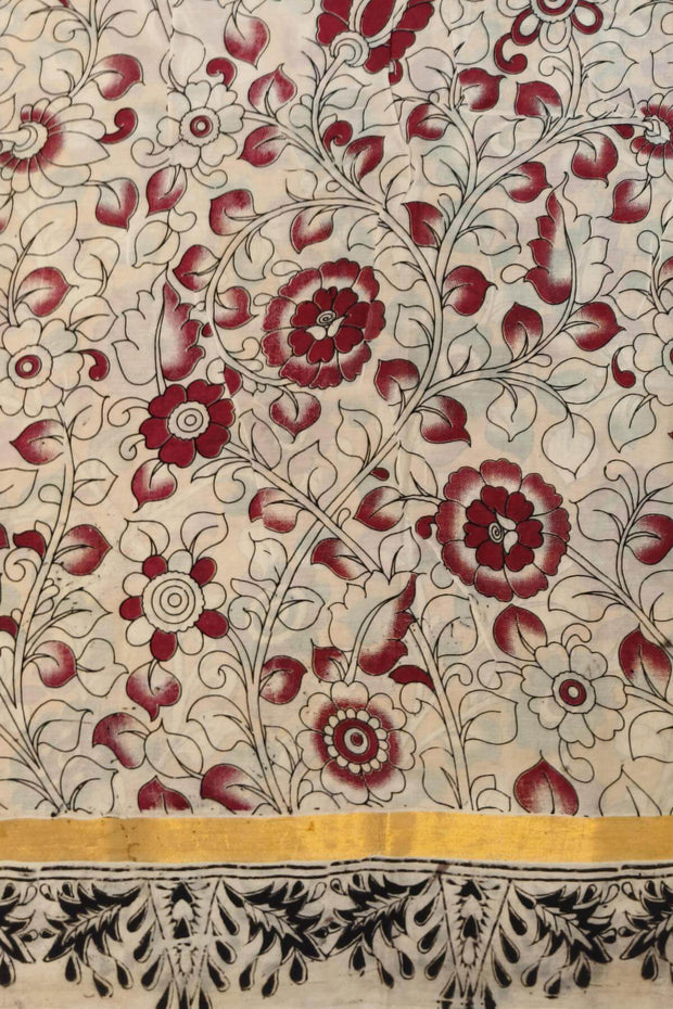 Mangalgiri silk cotton saree in  mustard in kalamkari print